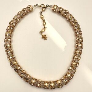 Vintage AB Crystal Necklace Gold Tone Rhombus Rondelle Rhinestone Choker Vendome
